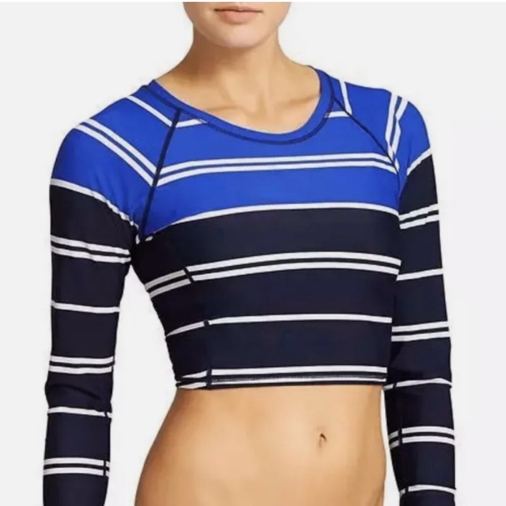 Striped Blue & Black Long-Sleeve Crop Rash Guard
